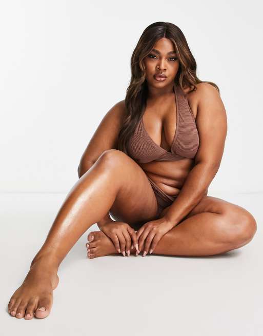 Ivory Rose Plus crinkle halter bikini top in brown, 2 of 4