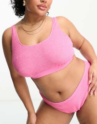 Ivory Rose Plus Crinkle High Waist Bikini Bottom In Bright Pink