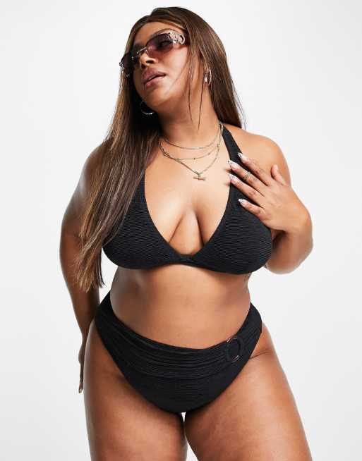 Ivory Rose Plus halter bikini top in black crinkle, 3 of 4