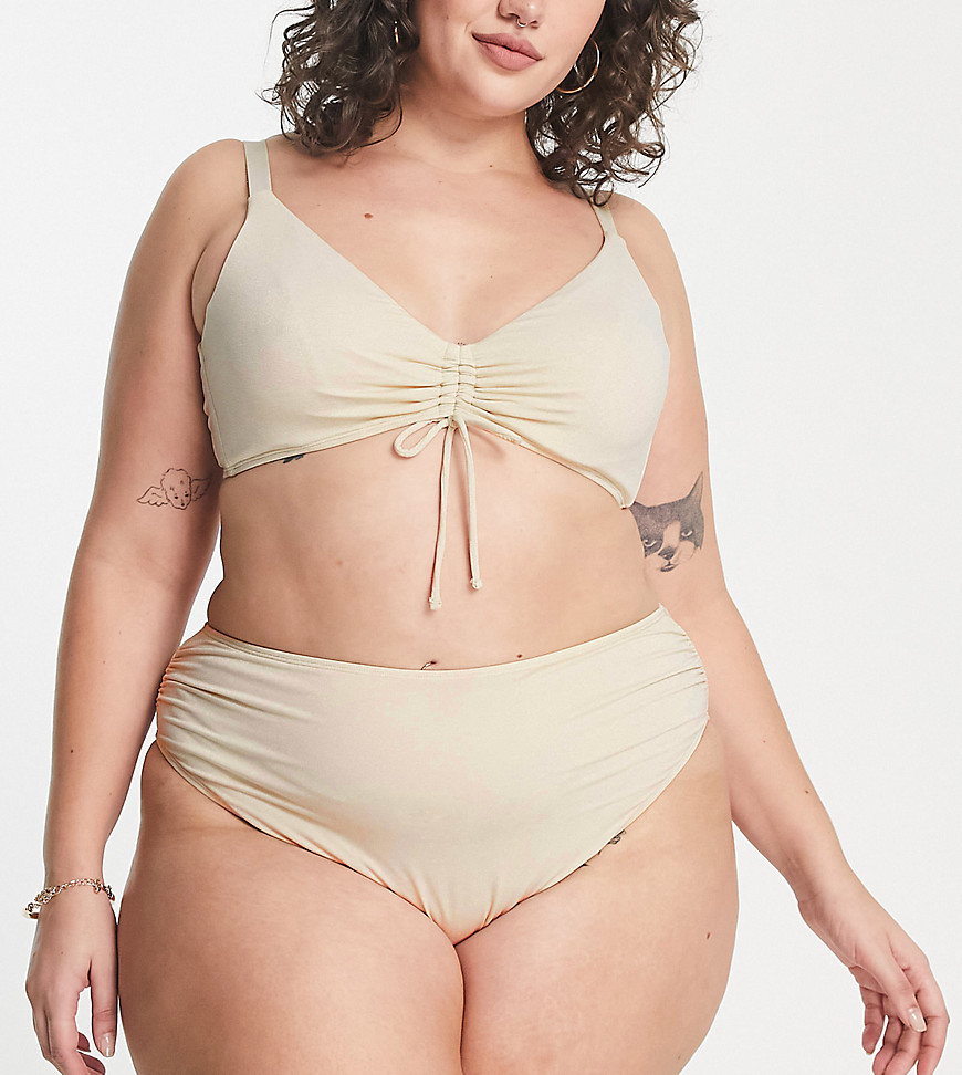 Ivory Rose Plus Gather Front Bikini Top In Gold Shimmer