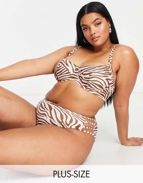 Ivory Rose Plus high waist strappy bikini brief in zebra print - view 1