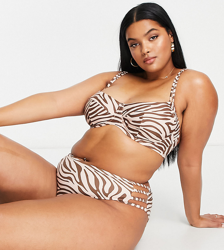 Plus high waist strappy bikini brief in zebra print-Multi