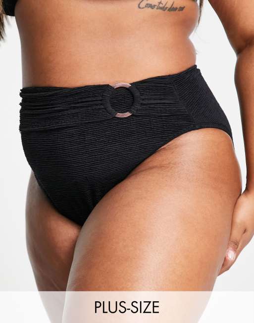 Ivory Rose Plus - Slip bikini a vita alta con dettaglio ad anello neri stropicciati, 1 di 4