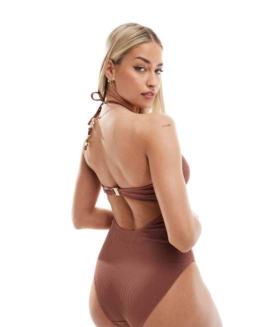 Ivory Rose - Poitrines généreuses - Maillot 1 pièce côtelé à bonnets taille double inversés avec dos nu et perles - Marron, 4 de 4