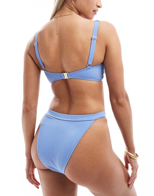 Ivory Rose ribbed high leg bikini bottom in powder blue, 3 of 4