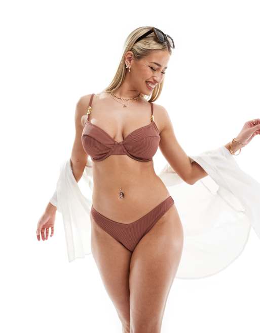 Ivory Rose - Vollere buste - Geribbeld bikinitopje met beugel en kralen in bruin, 2 van 4