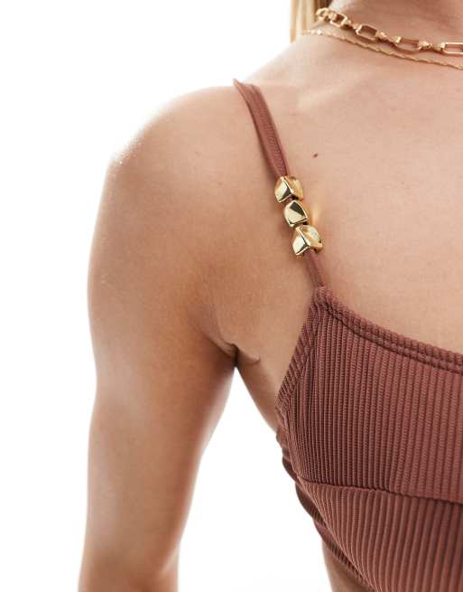 Ivory Rose - Vollere buste - Geribbeld bikinitopje met beugel en kralen in bruin, 3 van 4