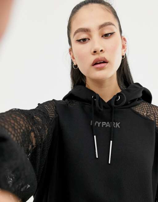 Ivy Park lace detail hoodie dress in black