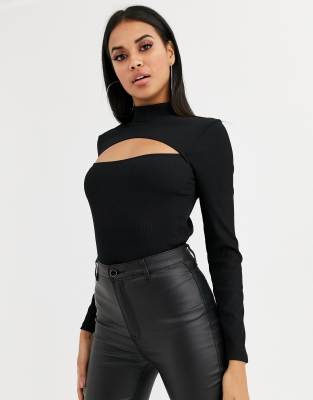 black long sleeve cut out crop top