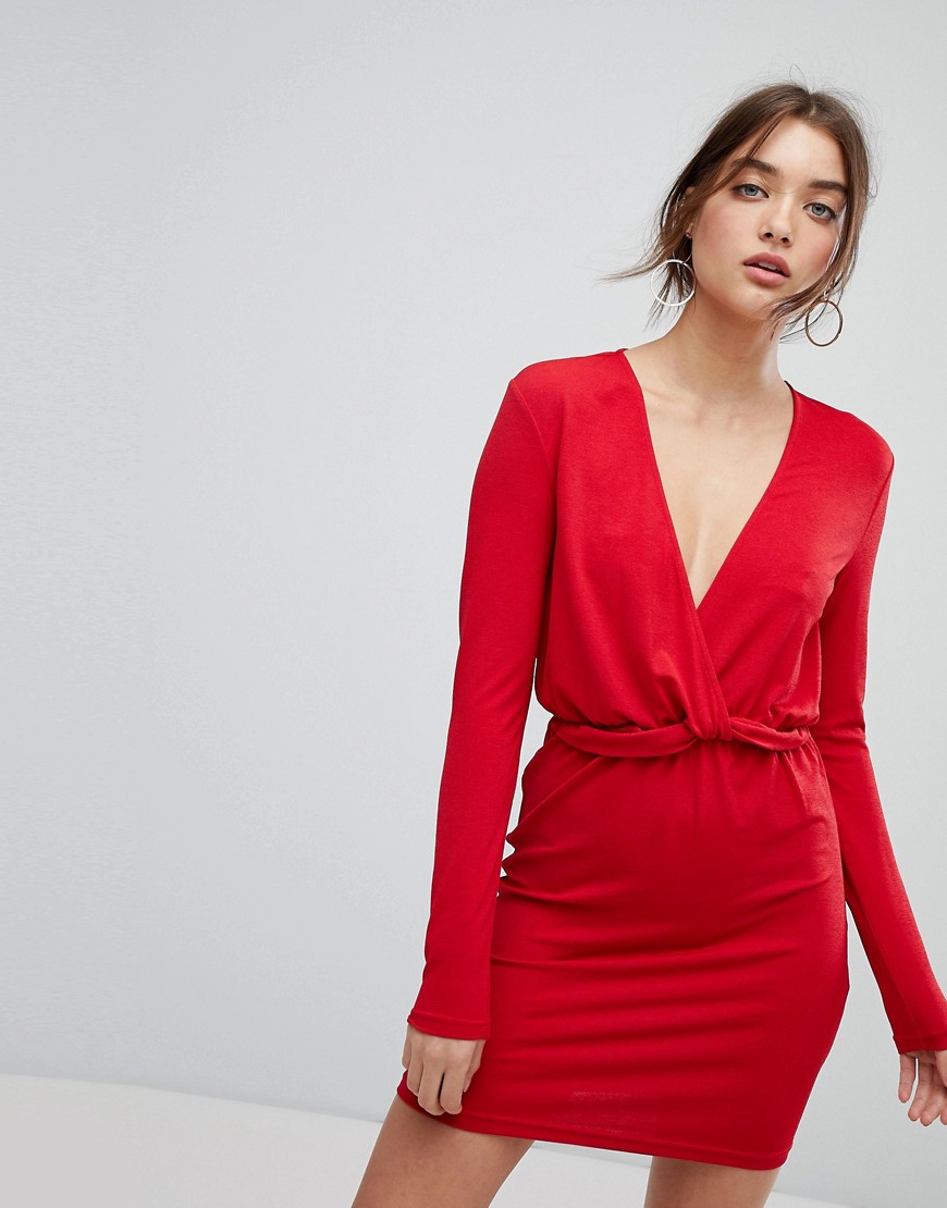 Ivyrevel Long Sleeved Dress With Ruffle Waist-Red