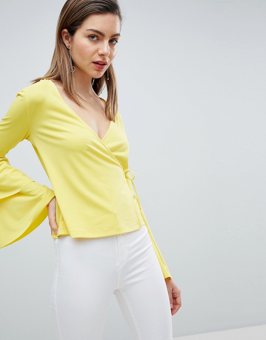 Ivyrevel Wrap Front Jersey Top with Bell Sleeve-Yellow