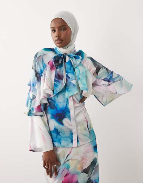 IYAL – Akvarellblommig blus i satin med långa ärmar och rosett, del av set - view 1