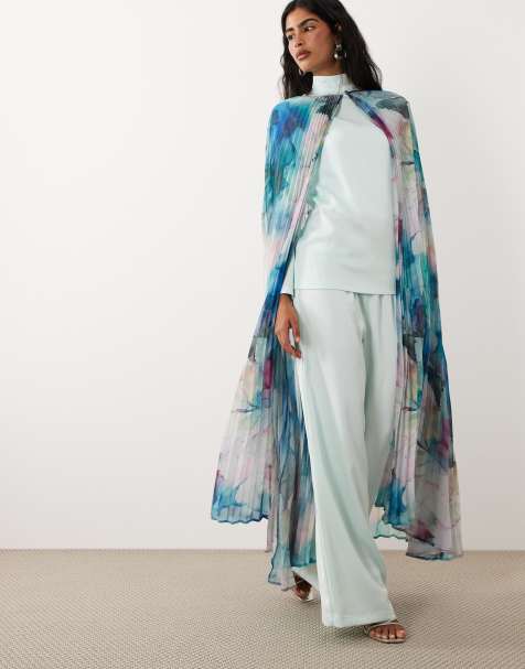 IYAL – Akvarellblommig maxiblus i satin med capedetalj, del av set - view 1