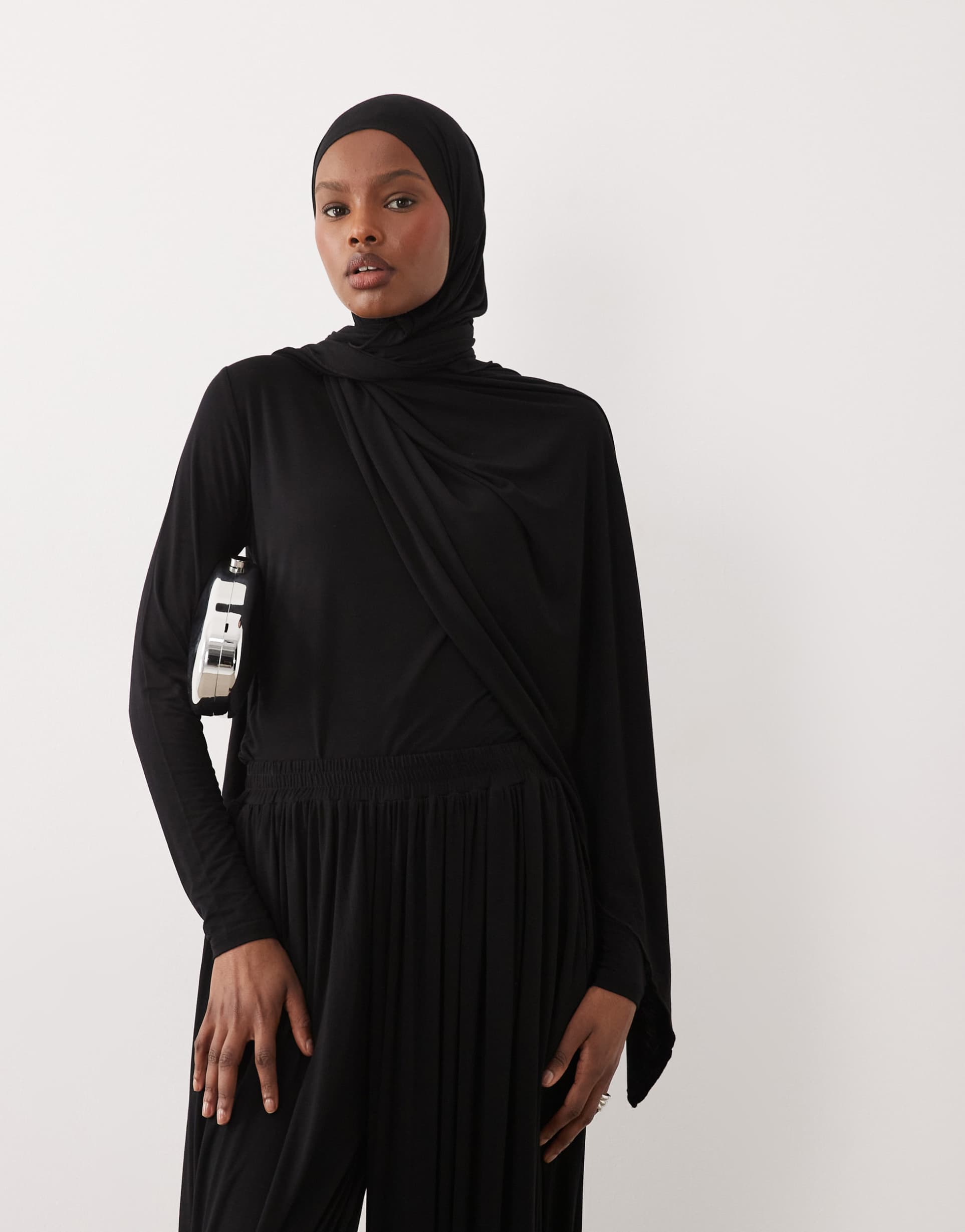 iyal bamboo long sleeve wrap cape detail top in black