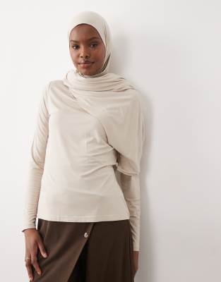 IYAL bamboo wrap cape detail top in beige mink