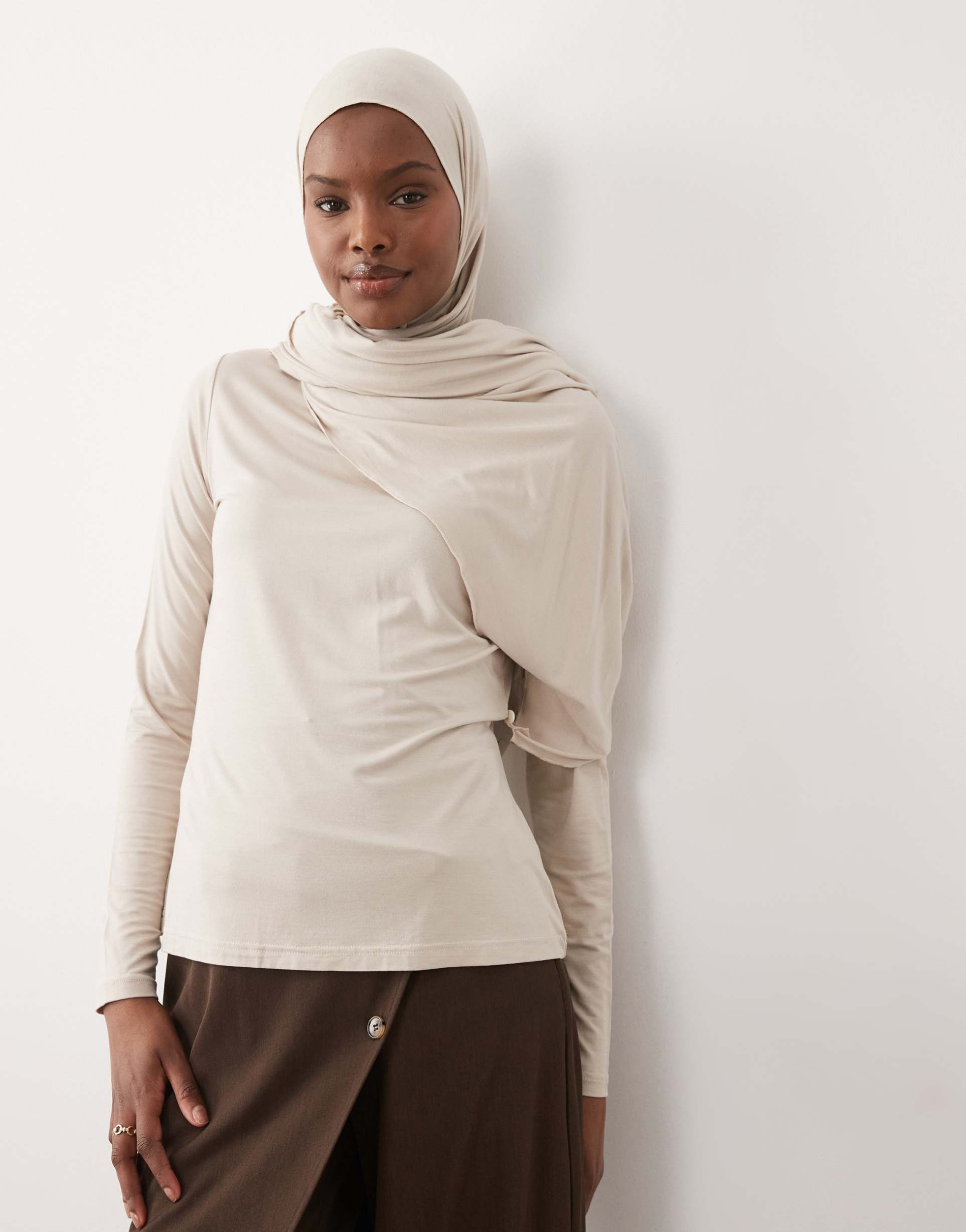 iyal bamboo wrap cape detail top in beige