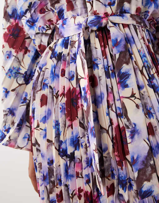 IYAL – Blå, blommig kaftan-klänning med långa ärmar och veckade detaljer, 3 av 4
