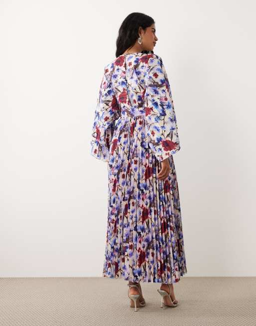 IYAL – Blå, blommig kaftan-klänning med långa ärmar och veckade detaljer, 4 av 4