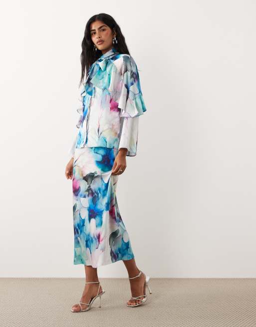 IYAL - Blouse d'ensemble en satin à manches longues avec nœud et imprimé fleurs style aquarelle, 3 de 4