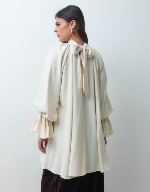 IYAL blouse en mousseline col montant bohème à manches nouées, crème, 3 de 4
