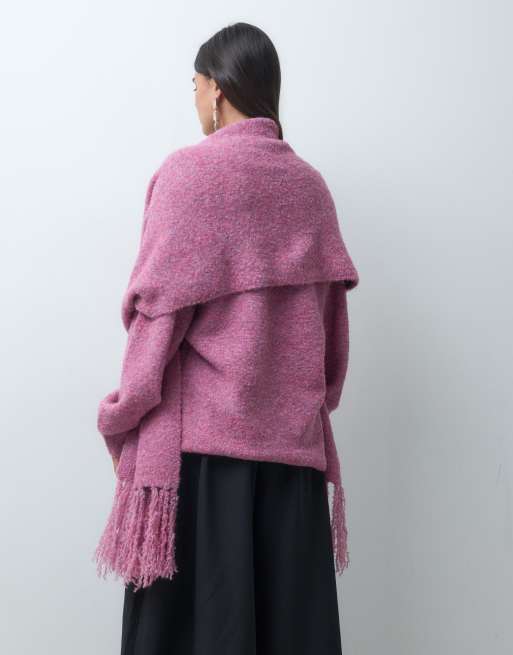 IYAL boucléstrikket oversized striktrøje med tørklædedetalje i pink, 2 af 4