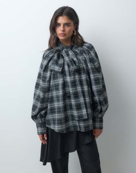 IYAL bow detail balloon sleeve shirt co-ord in black and white check - view 1