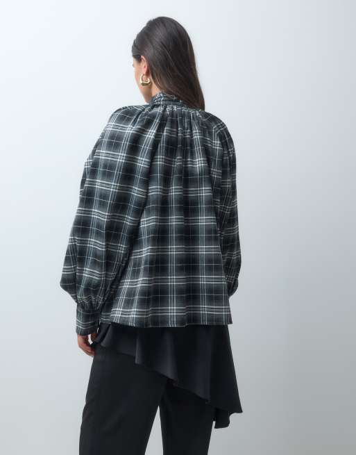 IYAL bow detail balloon sleeve shirt co-ord in black and white check, 2 of 4