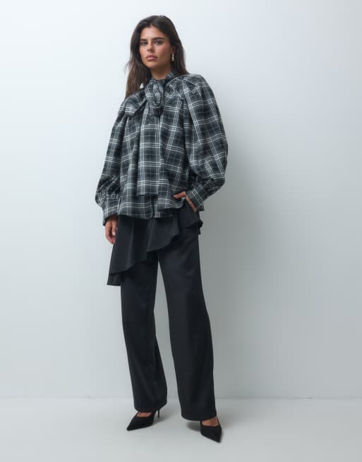IYAL bow detail balloon sleeve shirt co-ord in black and white check, 3 of 4