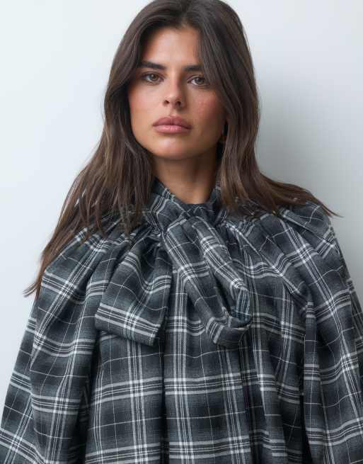 IYAL bow detail balloon sleeve shirt co-ord in black and white check, 4 of 4