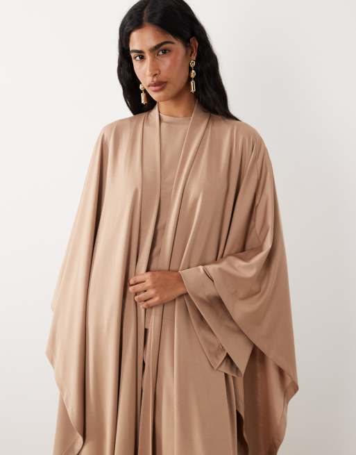 IYAL - Caftano abaya lungo in misto modal color cammello in coordinato, 2 di 4