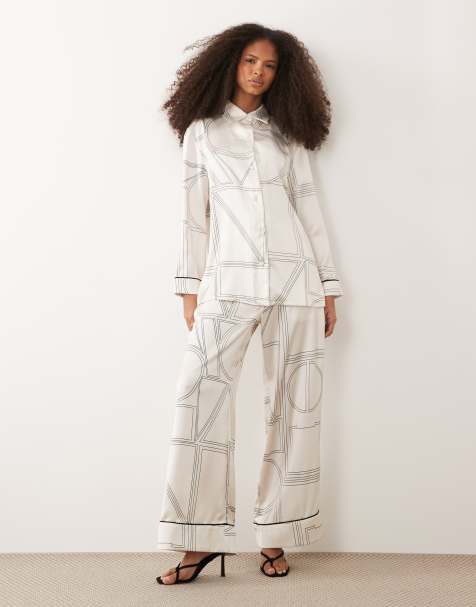 IYAL - Chemise d'ensemble satinée à imprimé abstrait et liserés contrastants - Crème - view 1