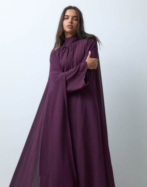 IYAL chiffon high neck boho caped kaftan maxi dress in plum