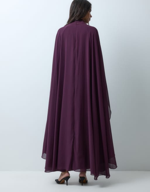 IYAL chiffon hoogsluitende boho kaftan maxi jurk met cape in pruimkleur, 4 van 5