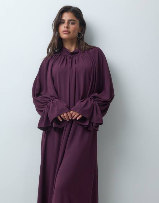 IYAL Chiffon-Maxikleid mit hohem Kragen, Boho und Bindeband-Ärmeldetail in Burgunderrot, 2 von 4