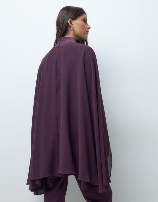 IYAL chiffon-top i crepe med høj hals og kappe i blomme, sæt, 4 af 4