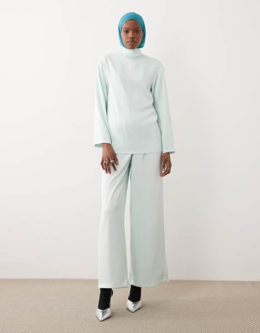 IYAL - Coordinato color menta con top con colletto, mantella drappeggiata e pantaloni