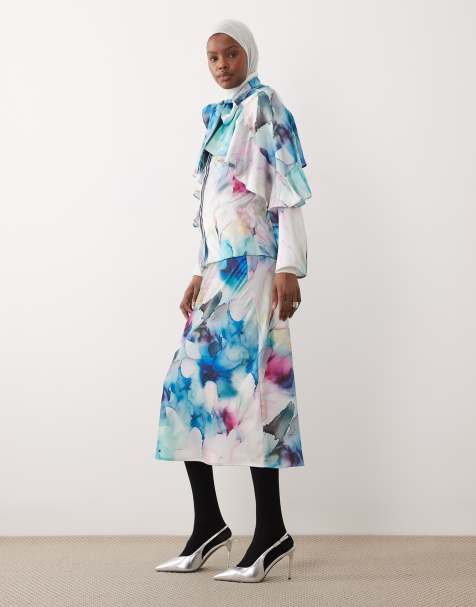 IYAL - Coordinato con blusa, mantella e gonna lunga in raso con stampa a fiori acquerello e fiocco - view 1