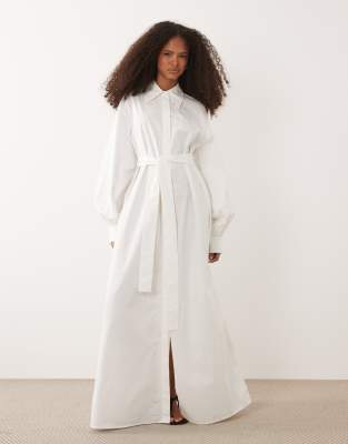 IYAL cotton oversized bow detail poplin button detail maxi dress in white white