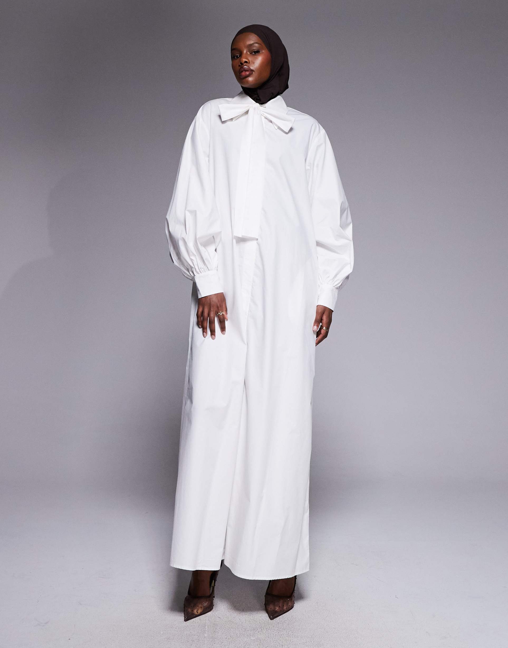 iyal cotton oversized bow detail poplin button detail maxi dress in white