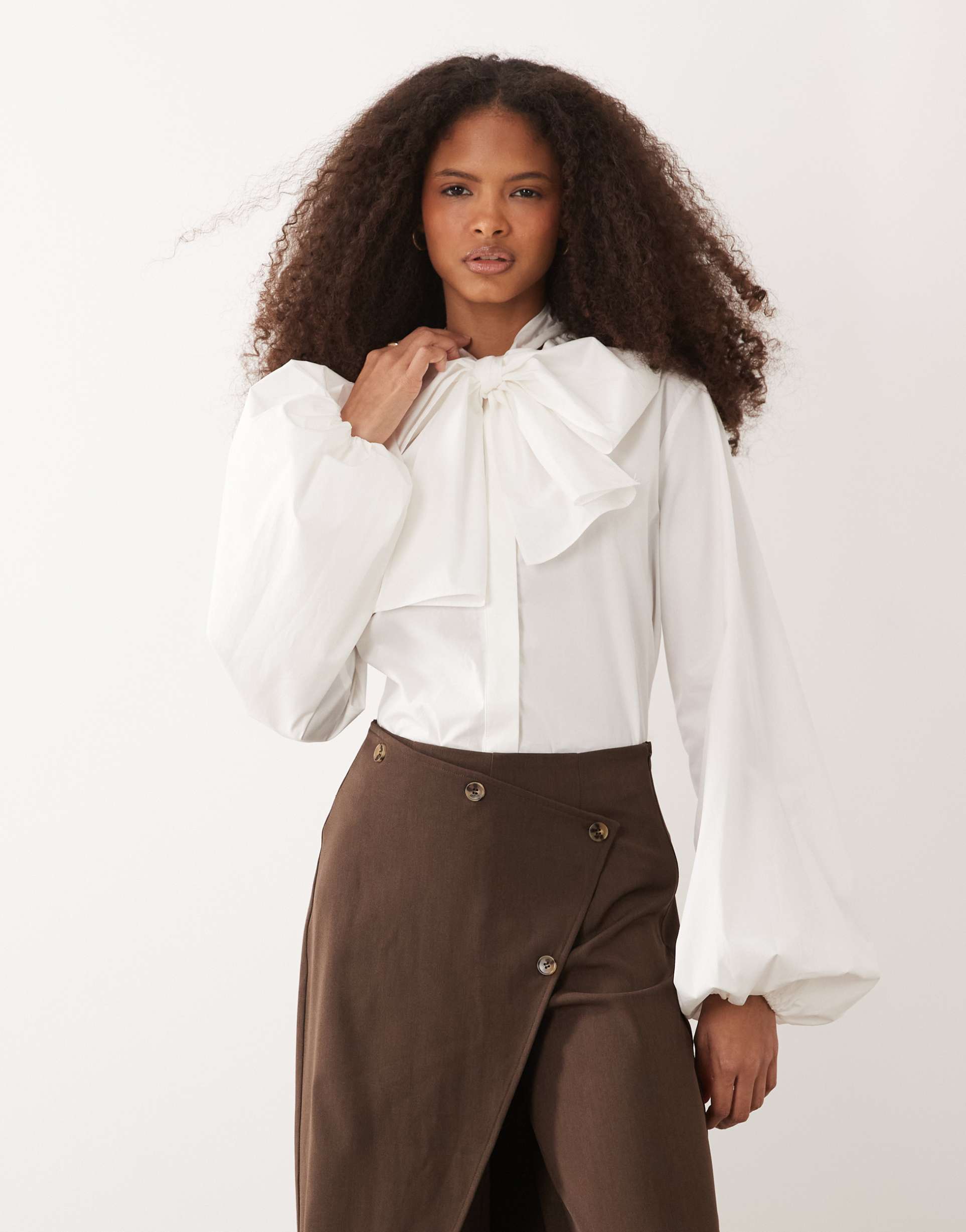 iyal cotton oversized bow detail poplin shirt in white - part of a set