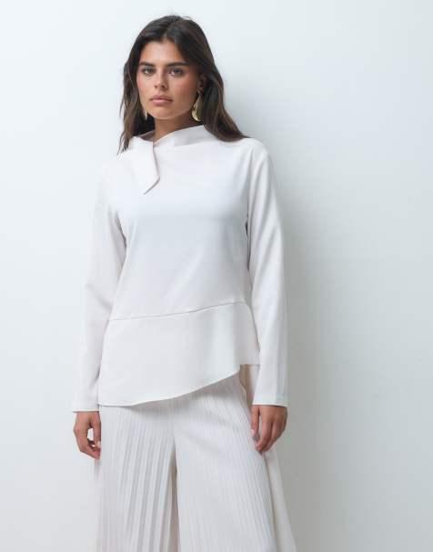IYAL crepe bow tie ruffle detail top co-ord in cream