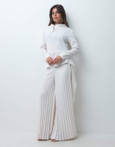 IYAL crepe bow tie ruffle detail top & pleated wide leg trousers co-ord in cream - view 1