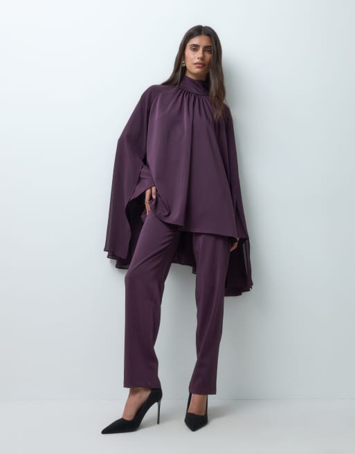 IYAL crepe chiffon high neck cape top co-ord in plum, 3 of 4