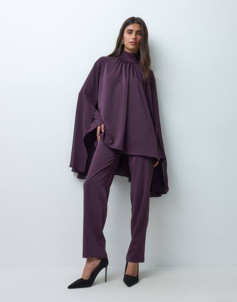 IYAL crepe chiffon high neck cape top & slim leg trousers co-ord in plum - view 1