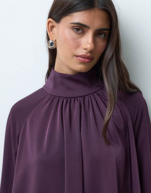 IYAL crêpe chiffon hoogsluitende capetop in pruimkleur, 2 van 4