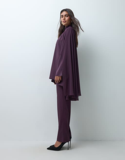 IYAL crepe chiffon high neck cape top & slim leg pants set in plum, 3 of 3