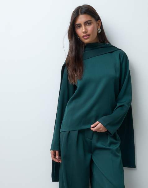 IYAL crepe sateen boxy scarf neck detail top set in bottle green - view 1