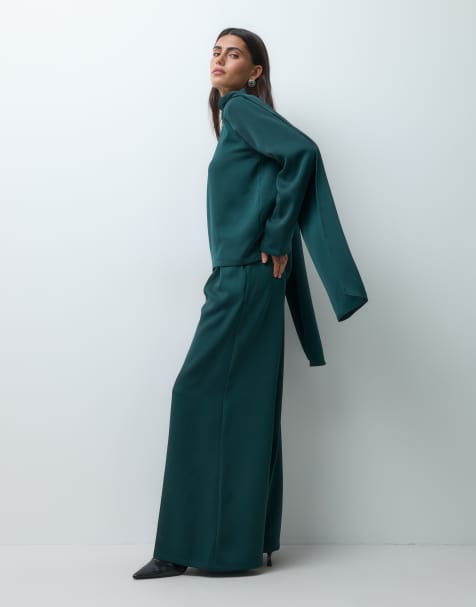 IYAL crepe sateen wide leg pants co-ord in bottle green - view 1