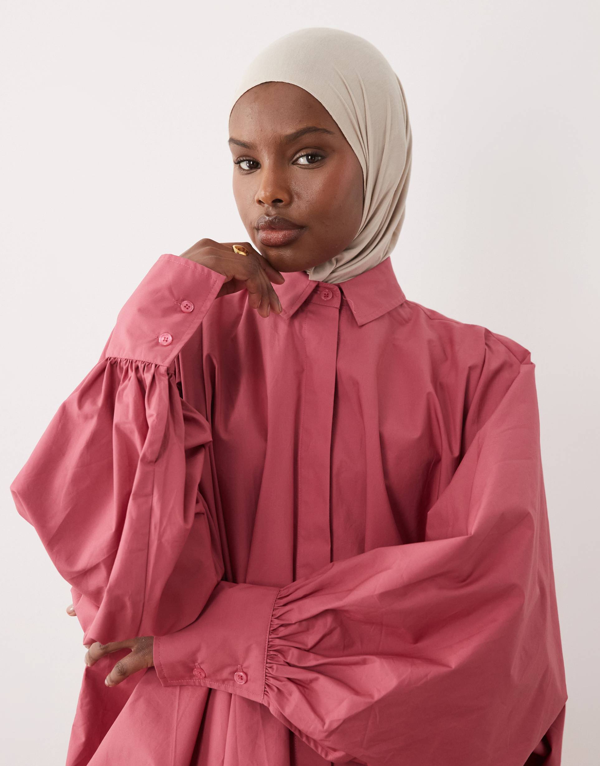 iyal drape hem balloon sleeve shirt in rose pink