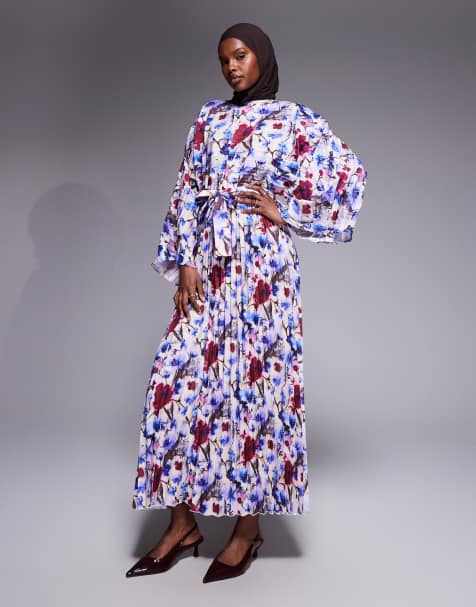 IYAL - Geplooide kaftan jurk met lange mouwen en bloemenprint in blauw - view 1